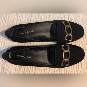 Black Ballet Flats By: Franco Sarto Size 8.5 M. Gold Details Excellent Cond.